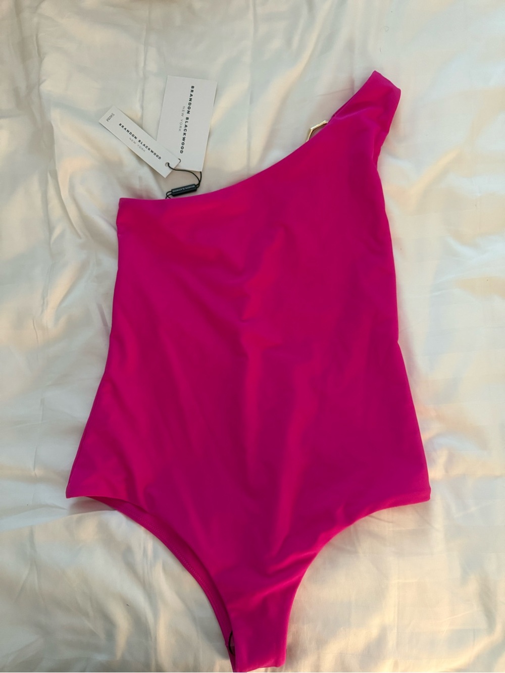 Brandon Blackwood Bamboo B Hoop Asymmetrical One-Piece Swimsuit (Sz. L, NWT)